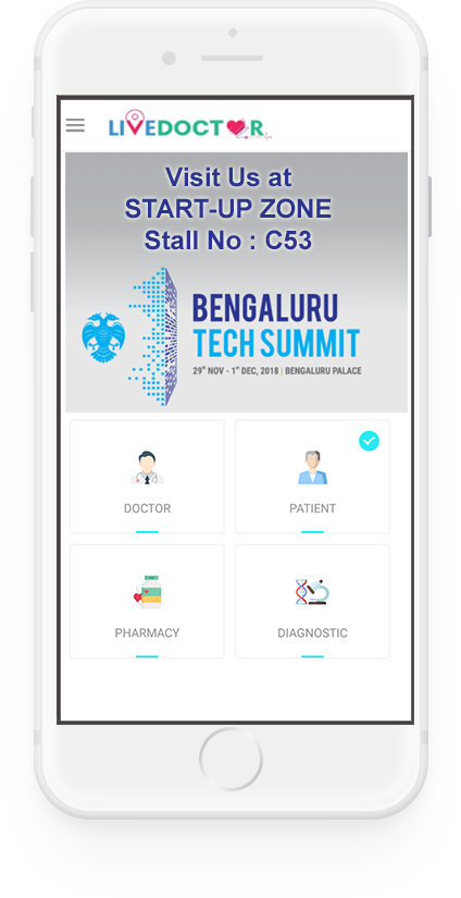 LiveDoctor app on a phone, linking doctor, patient, pharmacy and diagnostic
