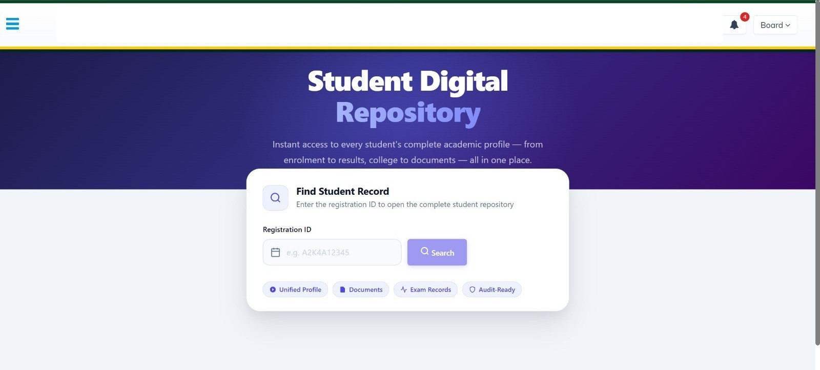 Student digital repository, opened by registration ID