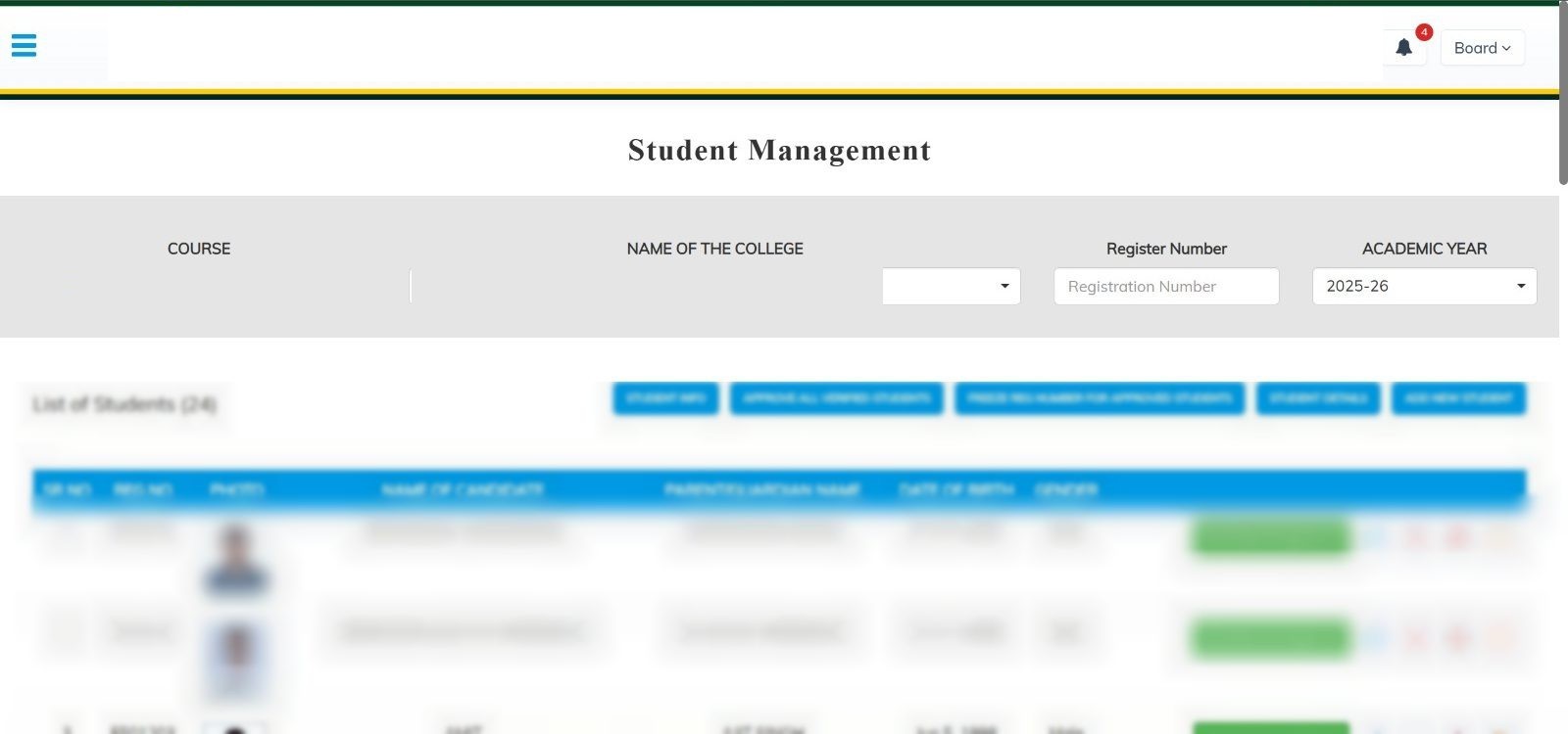 Student lists by college, course and academic year
